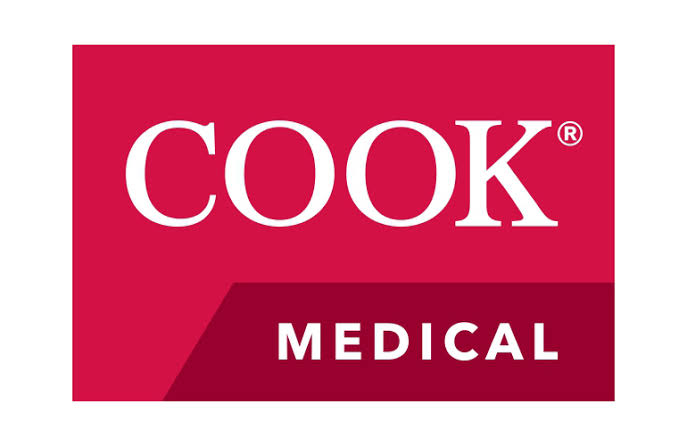 Cook Medical logo, featuring bold white typography on a red background. Represents a medical device company focused on innovative healthcare solutions.