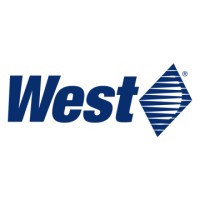 West's logo features a bold blue font with a stylized diamond shape beside the text, representing the company's brand identity in pharmaceuticals.